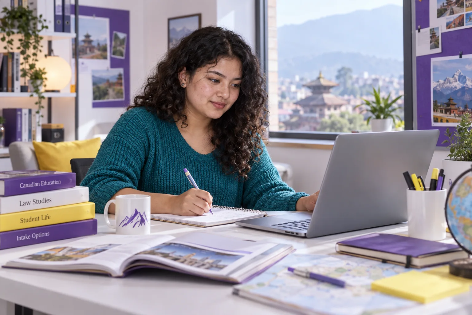Young Nepali woman with curly hair comparing Canadian university courses and intake options using a laptop and notebook for Canada study planning