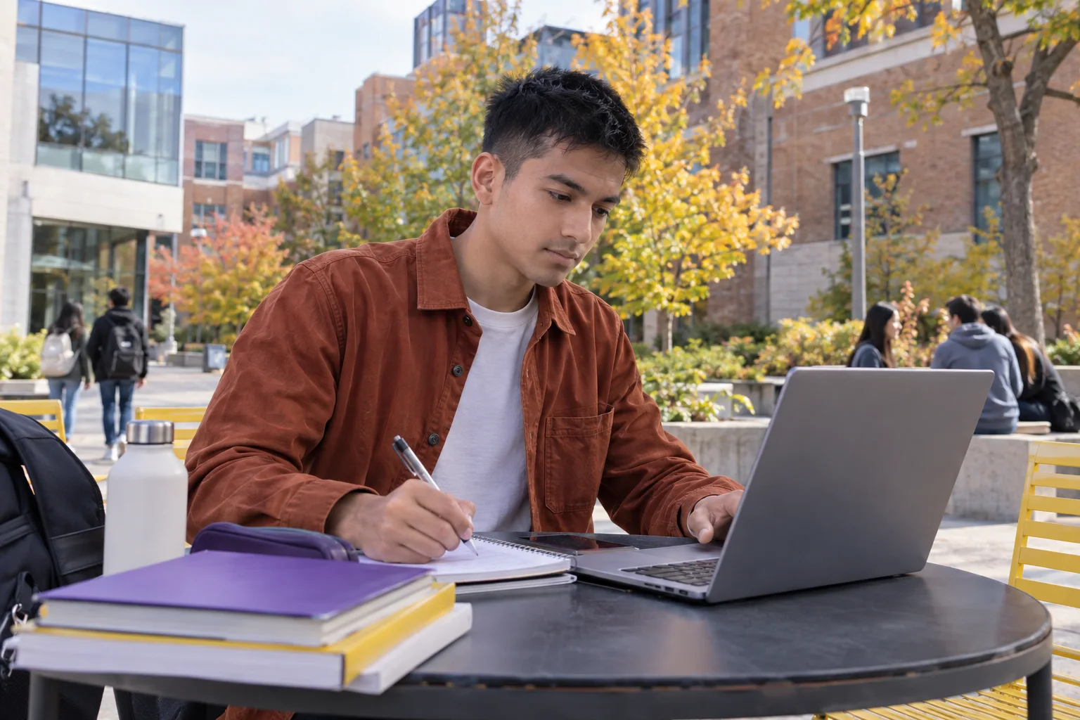 Young Nepali man with cropped hair comparing a personal study budget worksheet and university tuition information on a laptop for Canada study planning