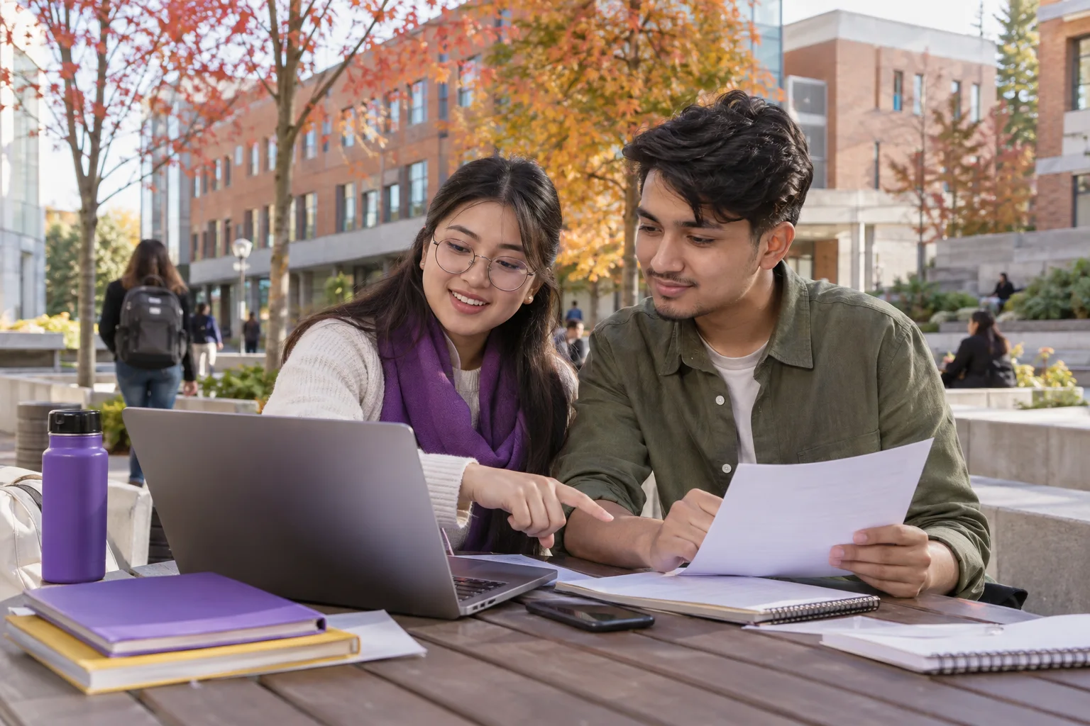 Two Nepali students, one woman and one man comparing a personal study budget worksheet and university tuition information on a laptop for Canada study planning