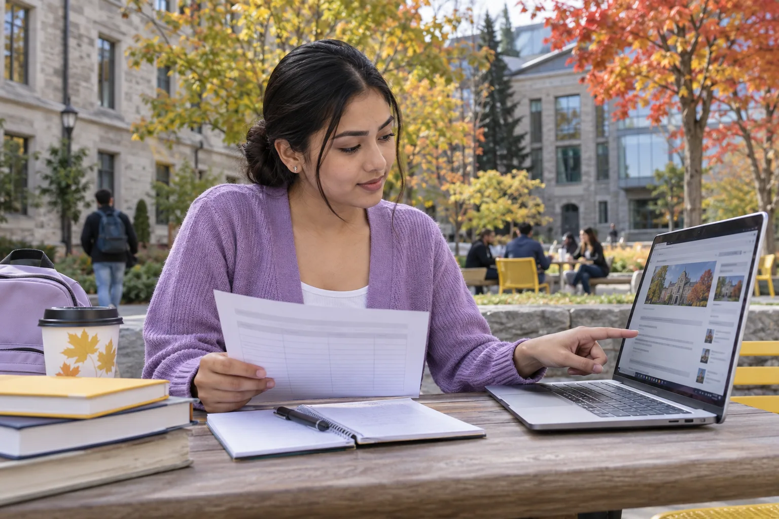 Young Nepali woman with tied-back hair comparing a personal study budget worksheet and university tuition information on a laptop for Canada study planning