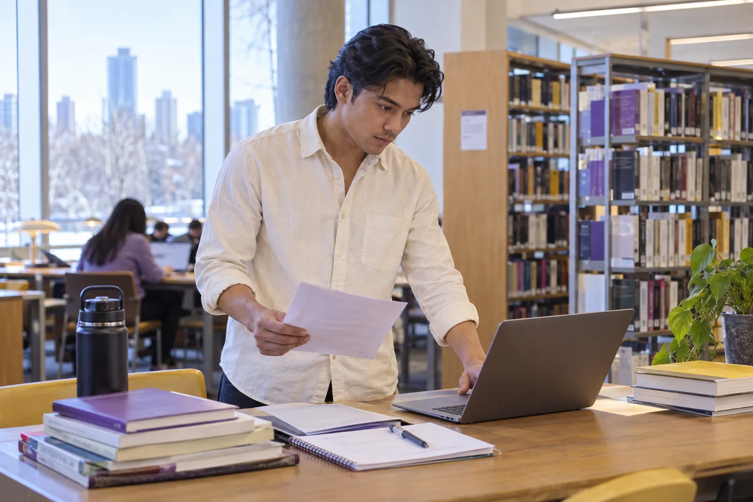Young Nepali man with swept-back hair comparing a personal study budget worksheet and university tuition information on a laptop for Canada study planning