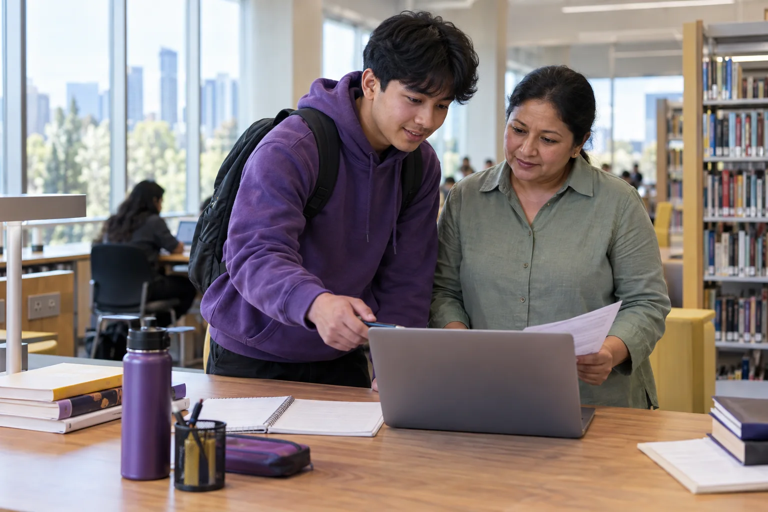 Nepali student discussing plans with a parent comparing a personal study budget worksheet and university tuition information on a laptop for Canada study planning