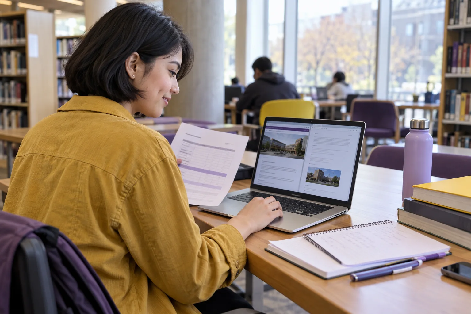 Young Nepali woman with a short bob comparing a personal study budget worksheet and university tuition information on a laptop for Canada study planning