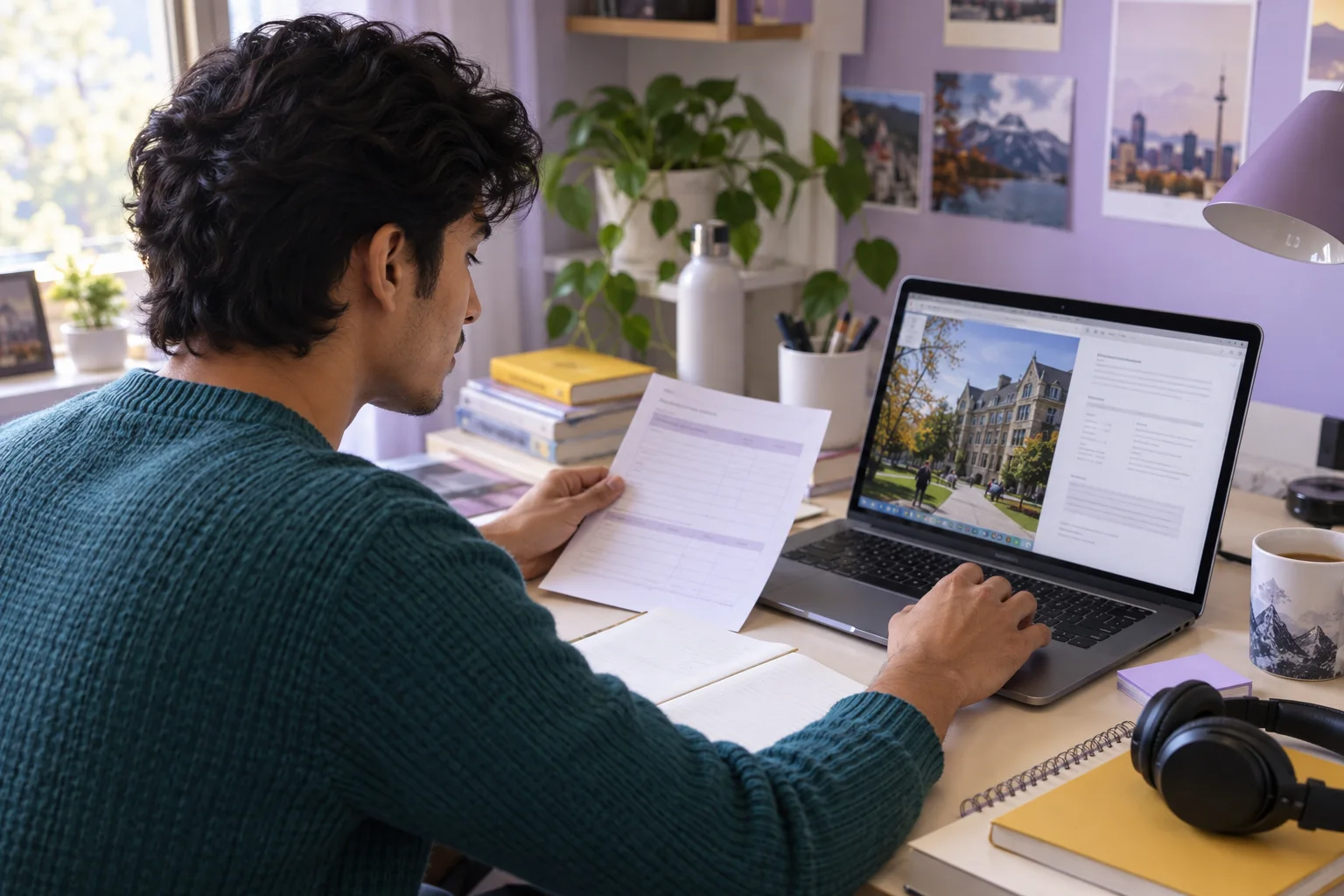 Young Nepali man with wavy hair comparing a personal study budget worksheet and university tuition information on a laptop for Canada study planning