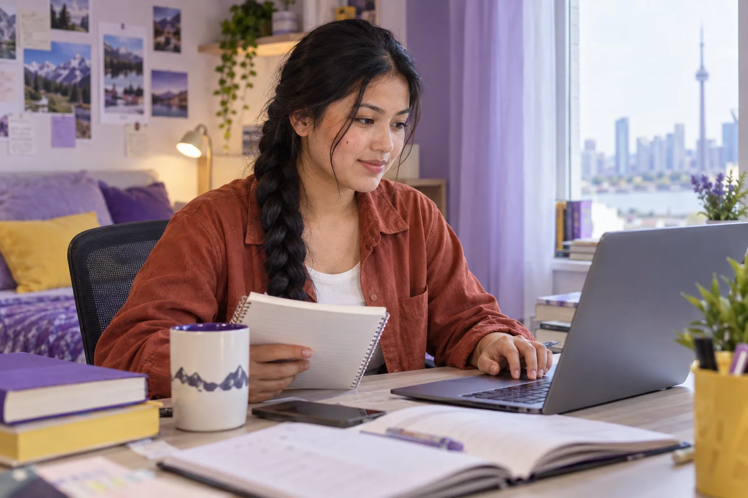 Young Nepali woman with a long braid comparing a personal study budget worksheet and university tuition information on a laptop for Canada study planning