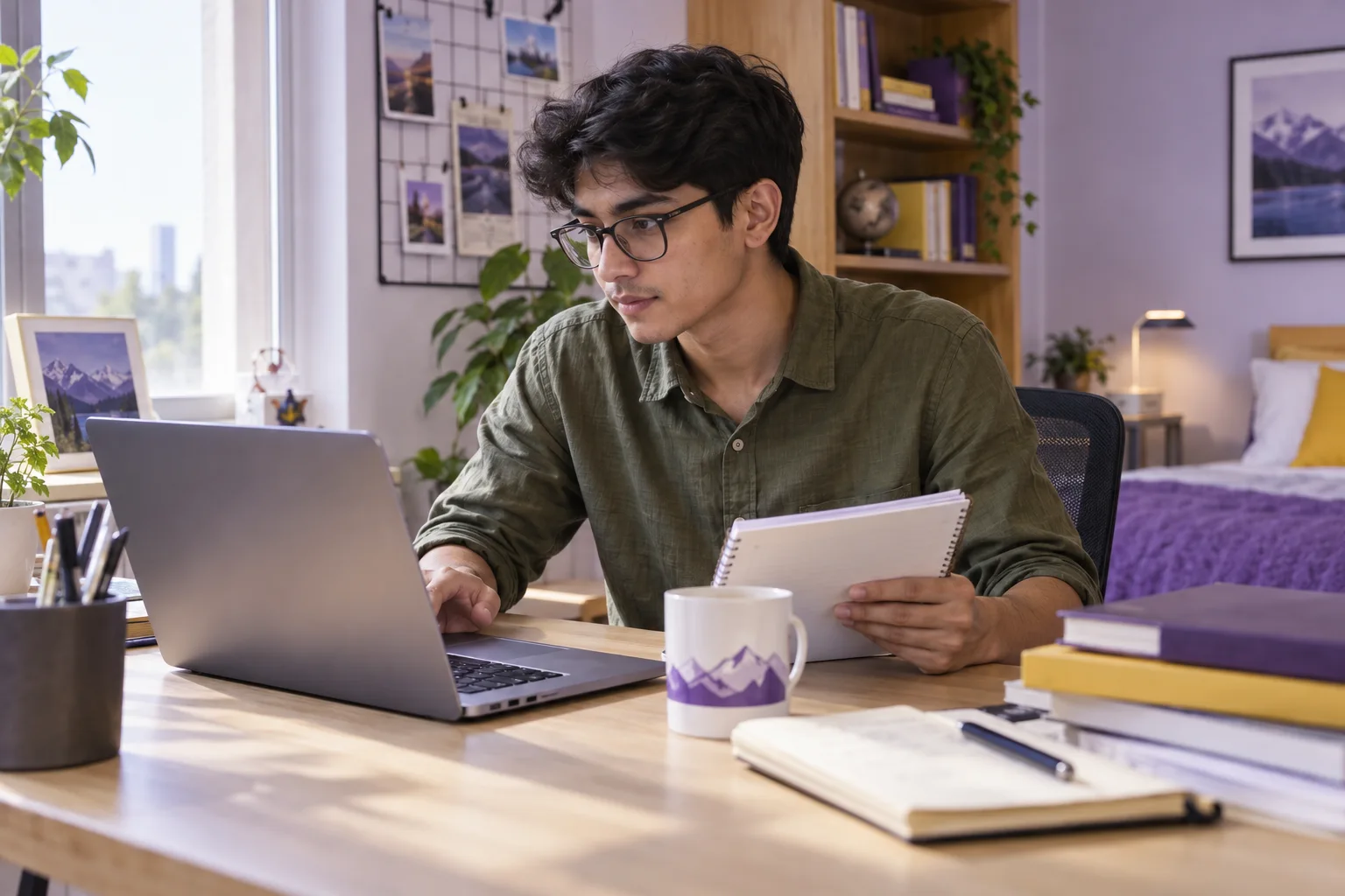 Young Nepali man with glasses comparing a personal study budget worksheet and university tuition information on a laptop for Canada study planning