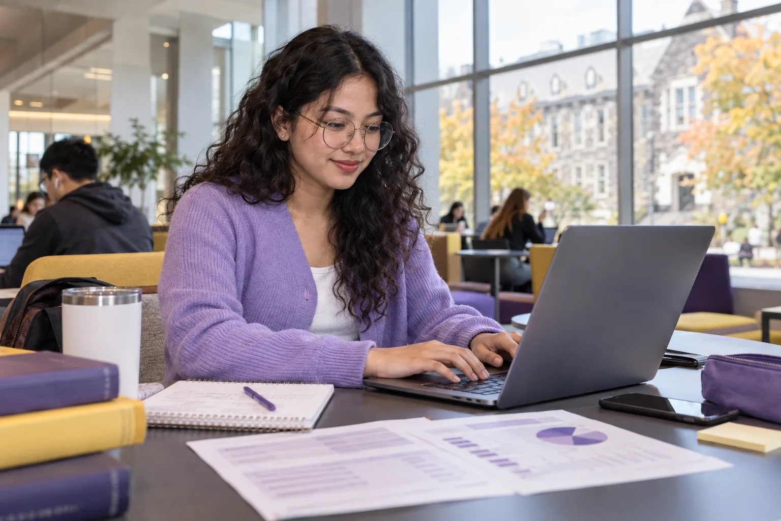 Young Nepali woman with curly hair comparing a personal study budget worksheet and university tuition information on a laptop for Canada study planning