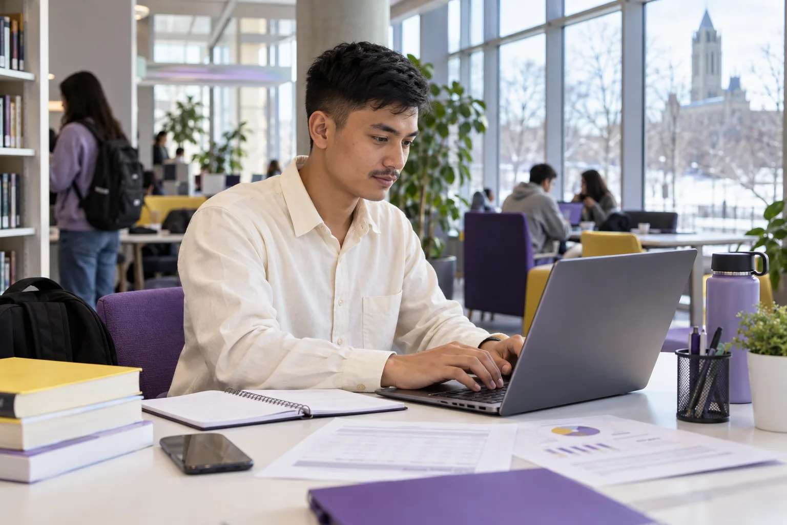 Young Nepali man with cropped hair comparing a personal study budget worksheet and university tuition information on a laptop for Canada study planning