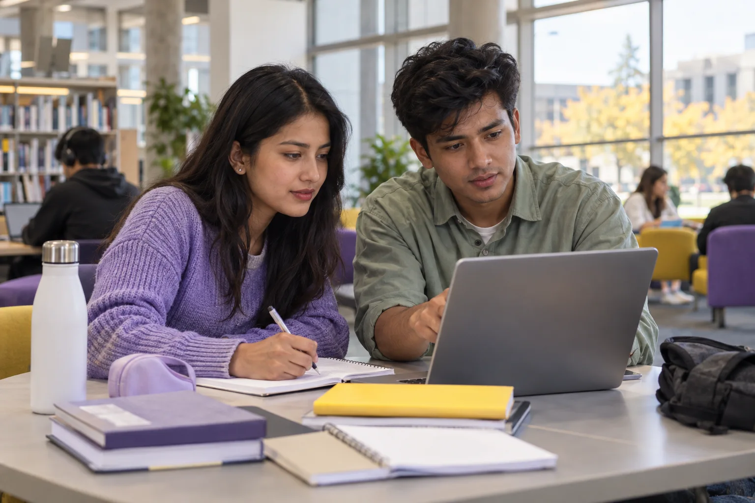 Two Nepali students, one woman and one man comparing a personal study budget worksheet and university tuition information on a laptop for Canada study planning