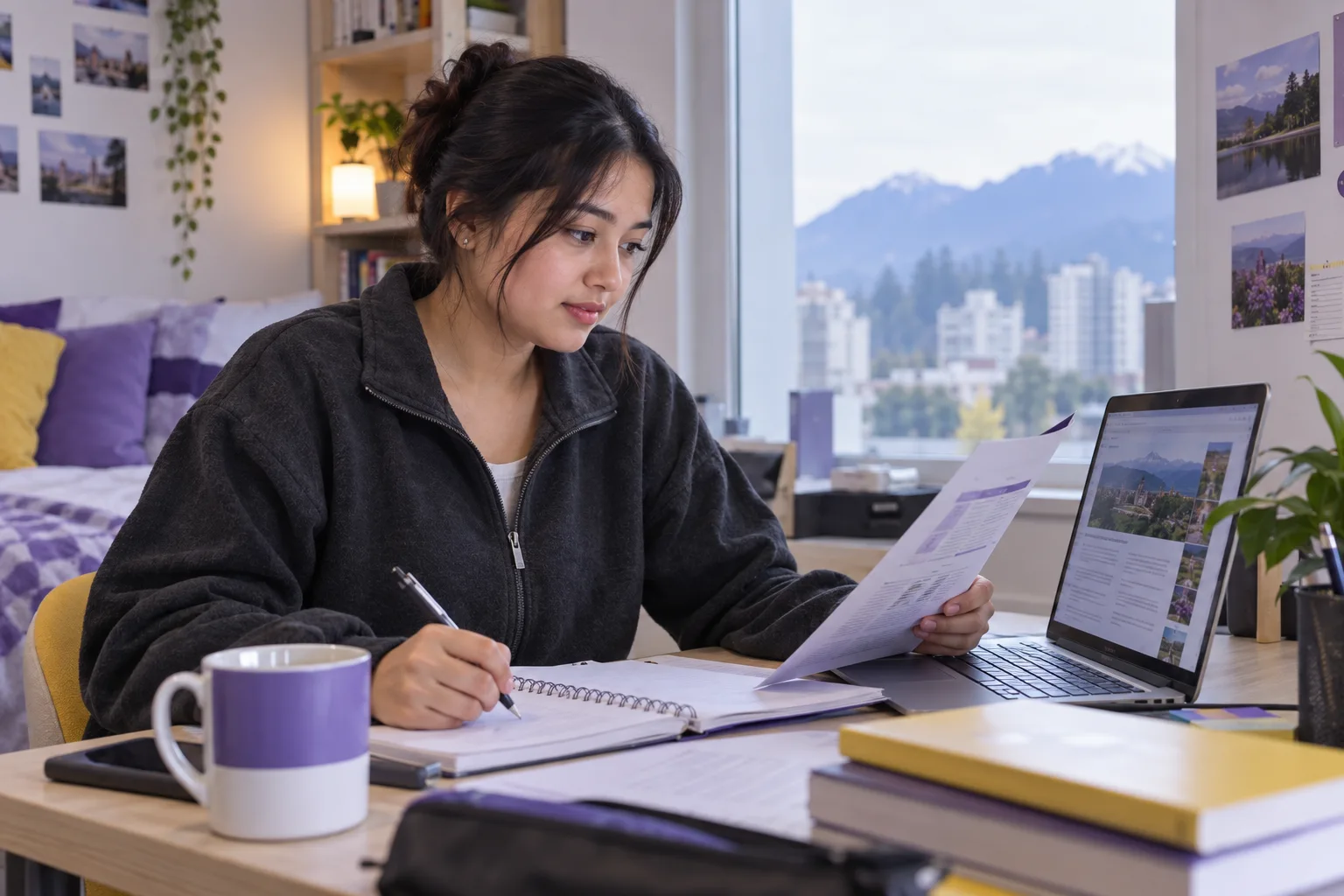 Young Nepali woman with tied-back hair comparing a personal study budget worksheet and university tuition information on a laptop for Canada study planning