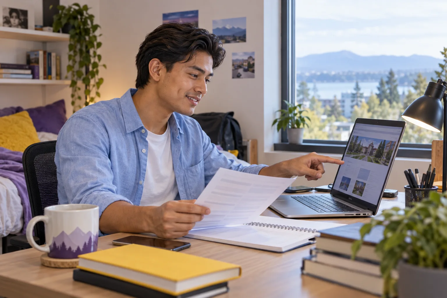 Young Nepali man with swept-back hair comparing a personal study budget worksheet and university tuition information on a laptop for Canada study planning