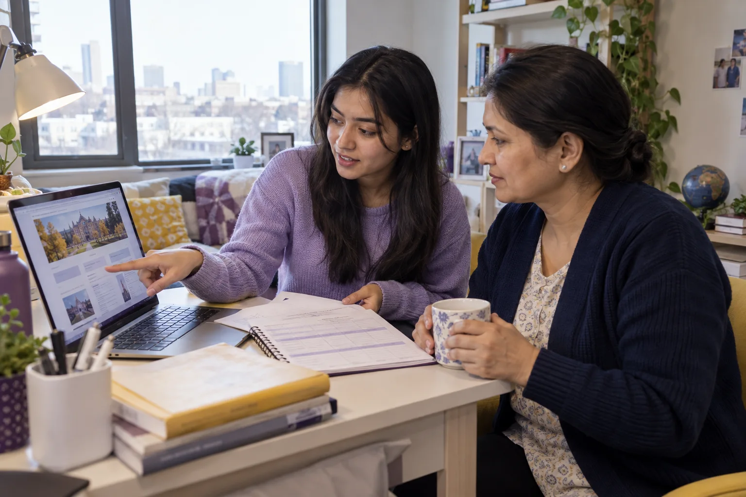 Nepali student discussing plans with a parent comparing a personal study budget worksheet and university tuition information on a laptop for Canada study planning