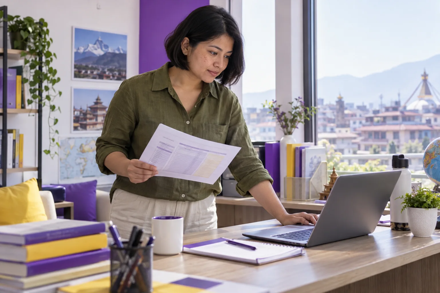 Young Nepali woman with a short bob comparing a personal study budget worksheet and university tuition information on a laptop for Canada study planning