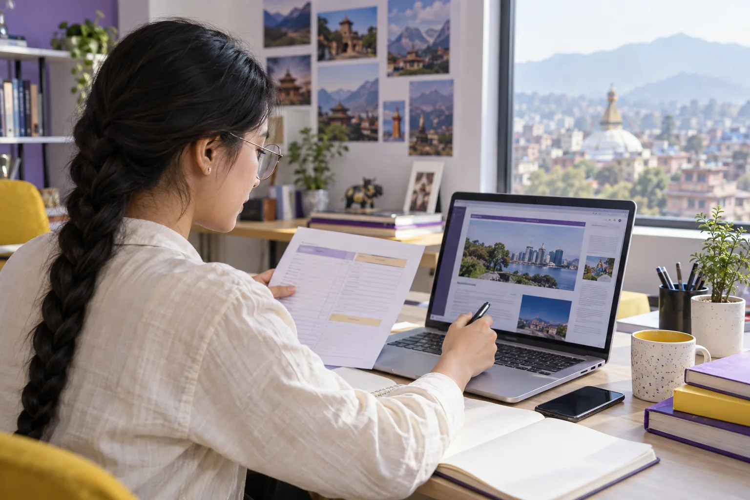 Young Nepali woman with a long braid comparing a personal study budget worksheet and university tuition information on a laptop for Canada study planning
