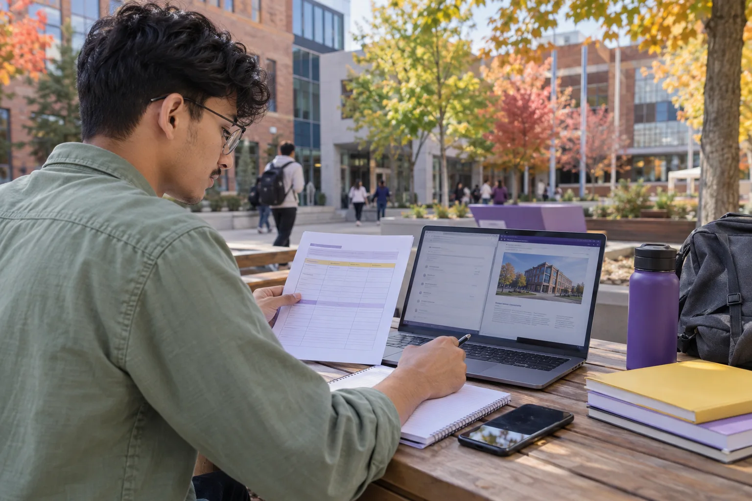 Young Nepali man with glasses comparing a personal study budget worksheet and university tuition information on a laptop for Canada study planning