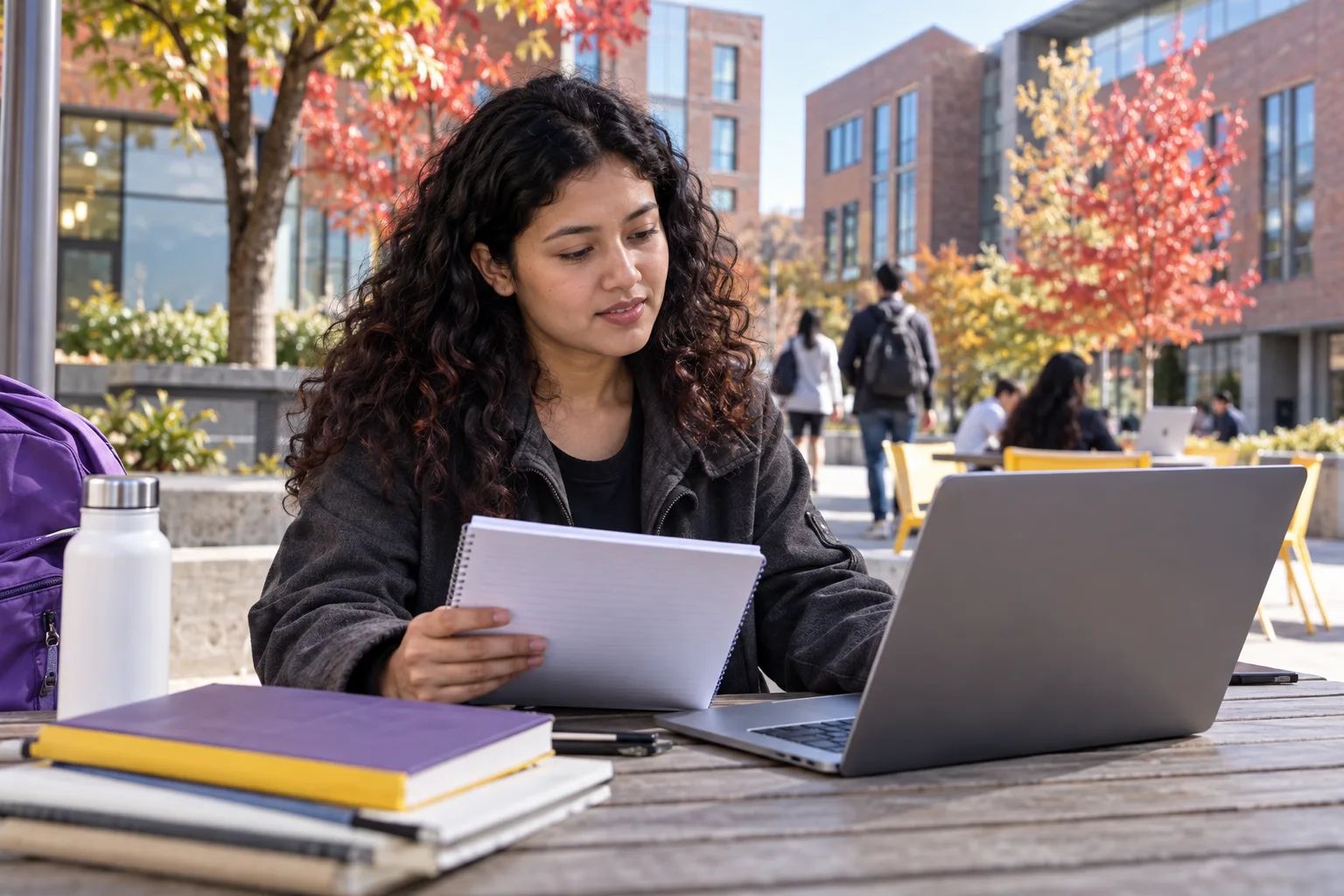 Young Nepali woman with curly hair comparing a personal study budget worksheet and university tuition information on a laptop for Canada study planning