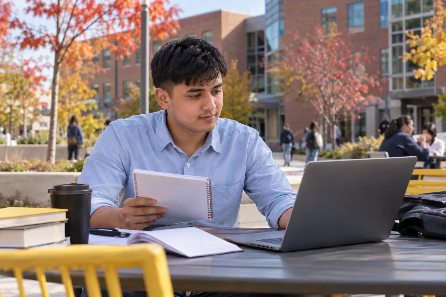 Young Nepali man with cropped hair comparing a personal study budget worksheet and university tuition information on a laptop for Canada study planning