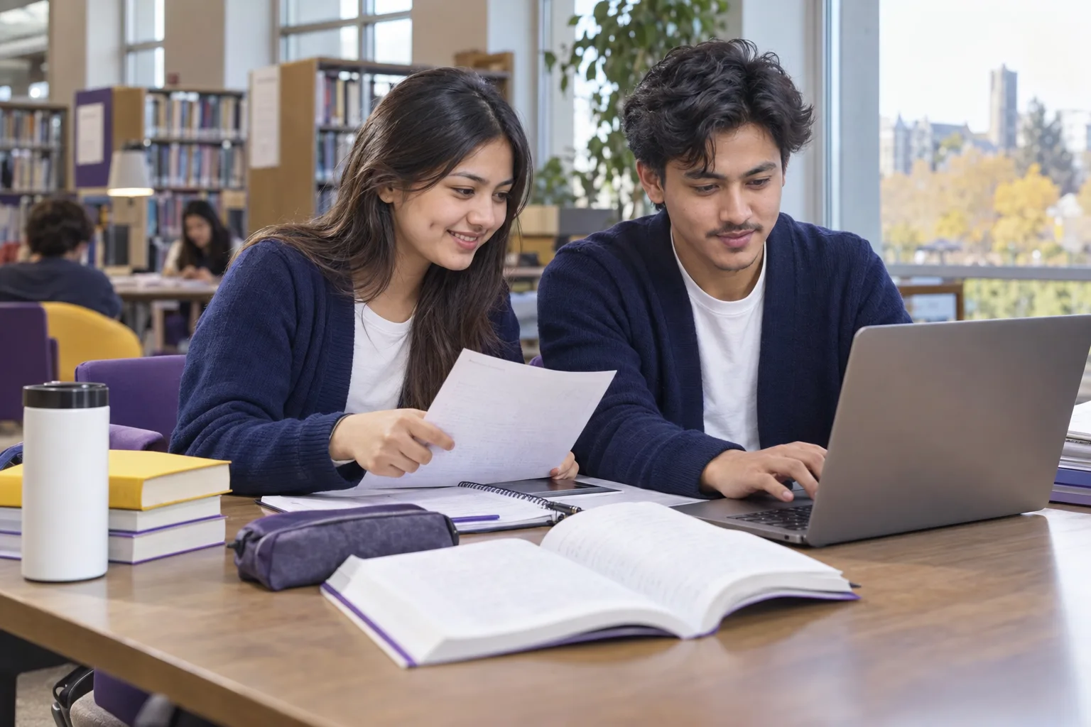 Two Nepali students, one woman and one man comparing a personal study budget worksheet and university tuition information on a laptop for Canada study planning