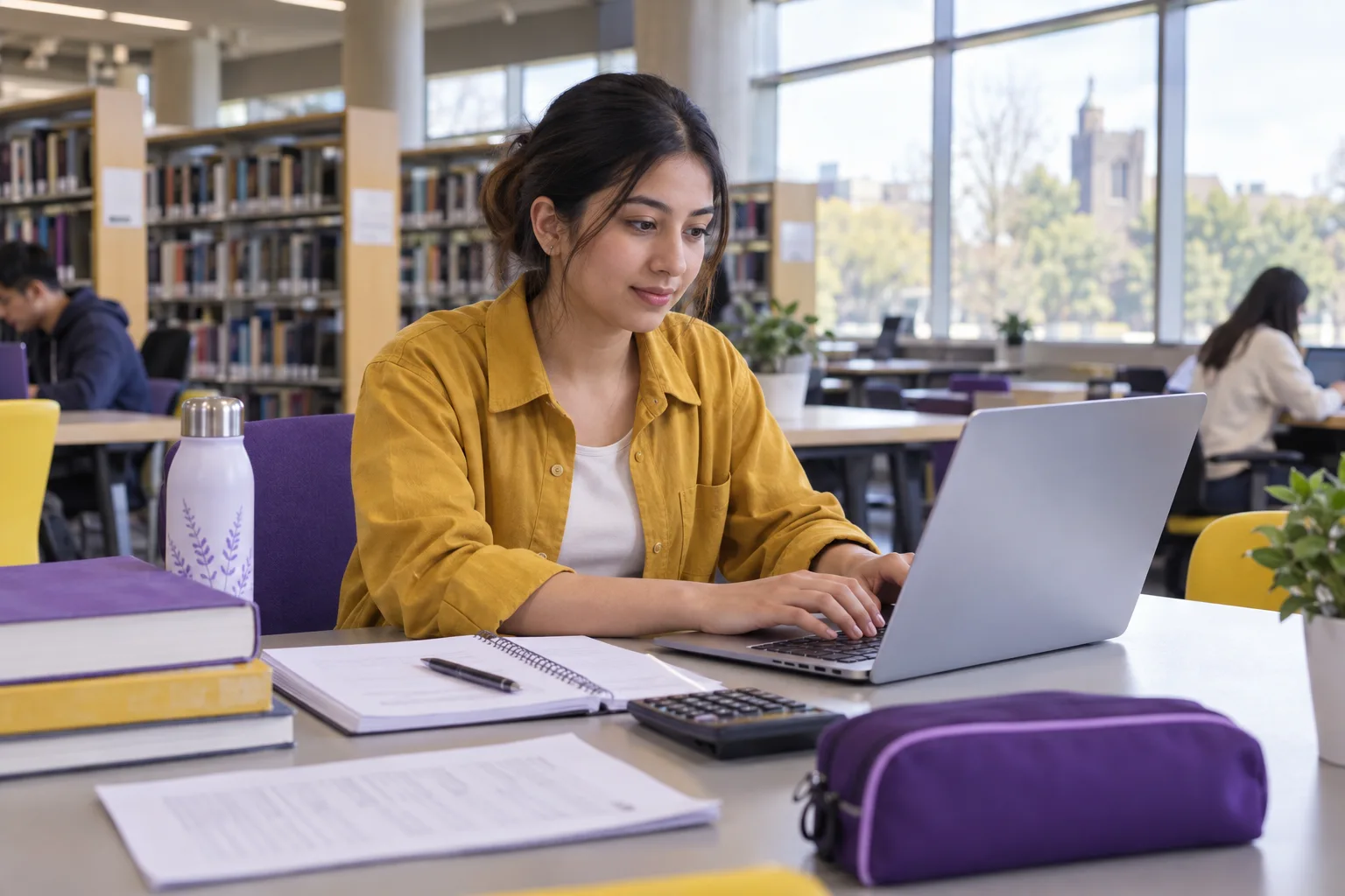 Young Nepali woman with tied-back hair comparing a personal study budget worksheet and university tuition information on a laptop for Canada study planning