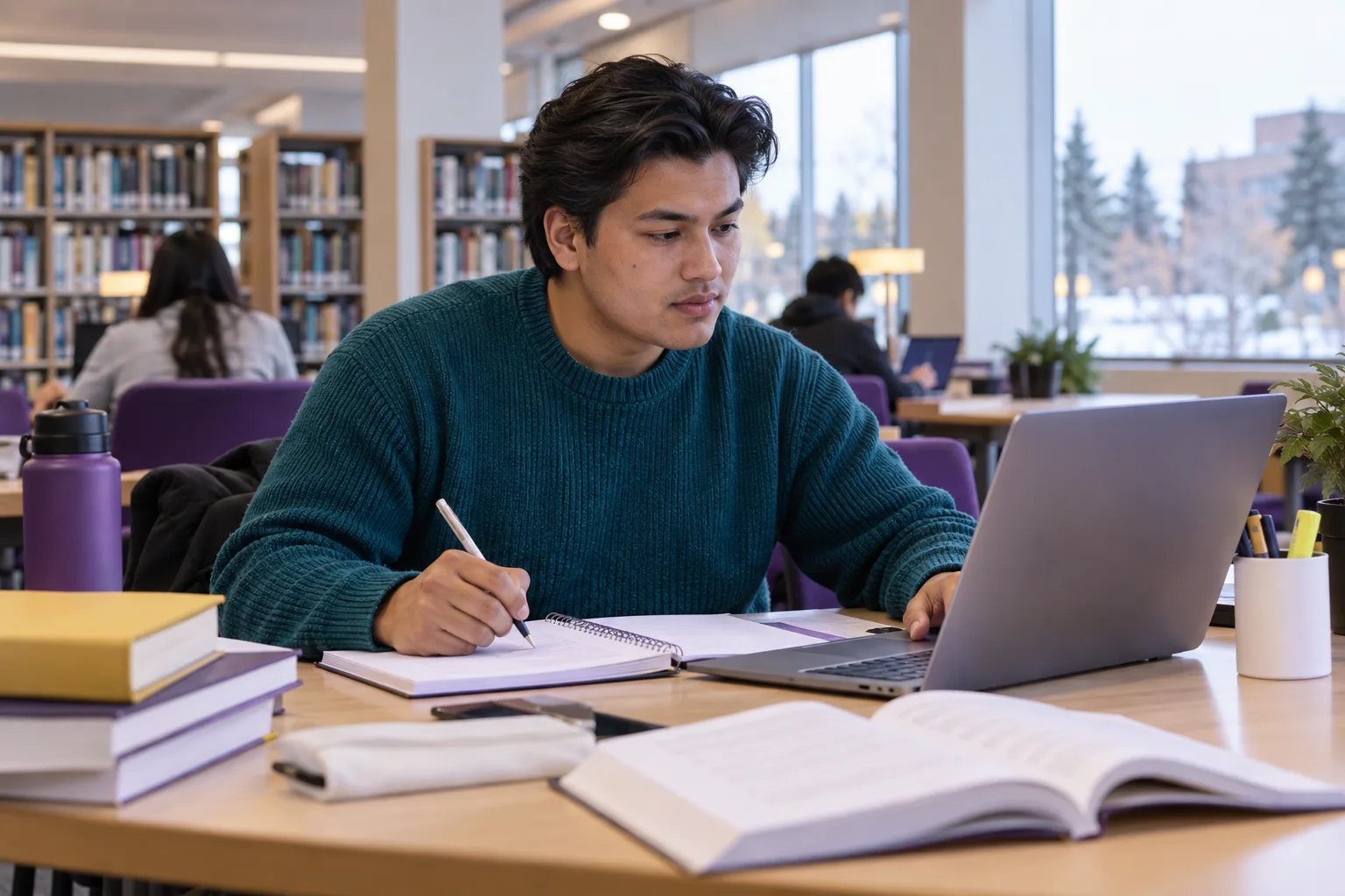 Young Nepali man with swept-back hair comparing a personal study budget worksheet and university tuition information on a laptop for Canada study planning
