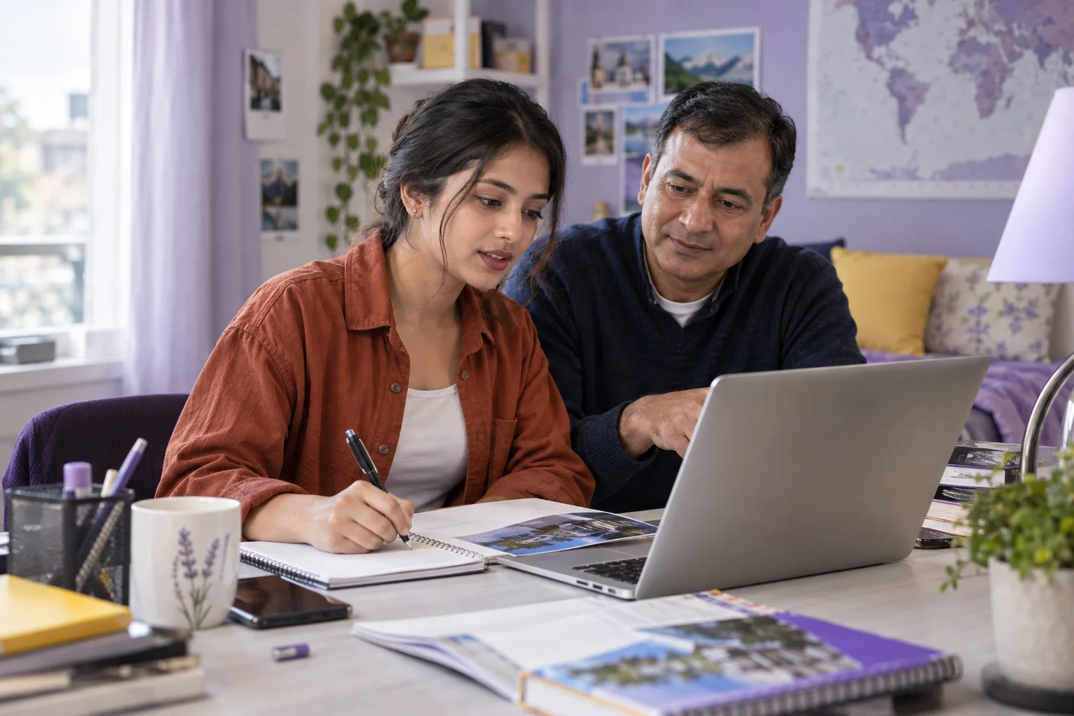 Nepali student discussing plans with a parent comparing a personal study budget worksheet and university tuition information on a laptop for Canada study planning