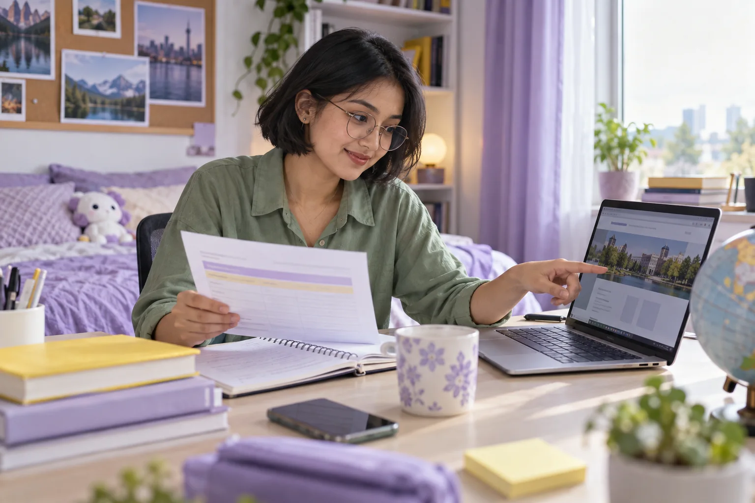 Young Nepali woman with a short bob comparing a personal study budget worksheet and university tuition information on a laptop for Canada study planning