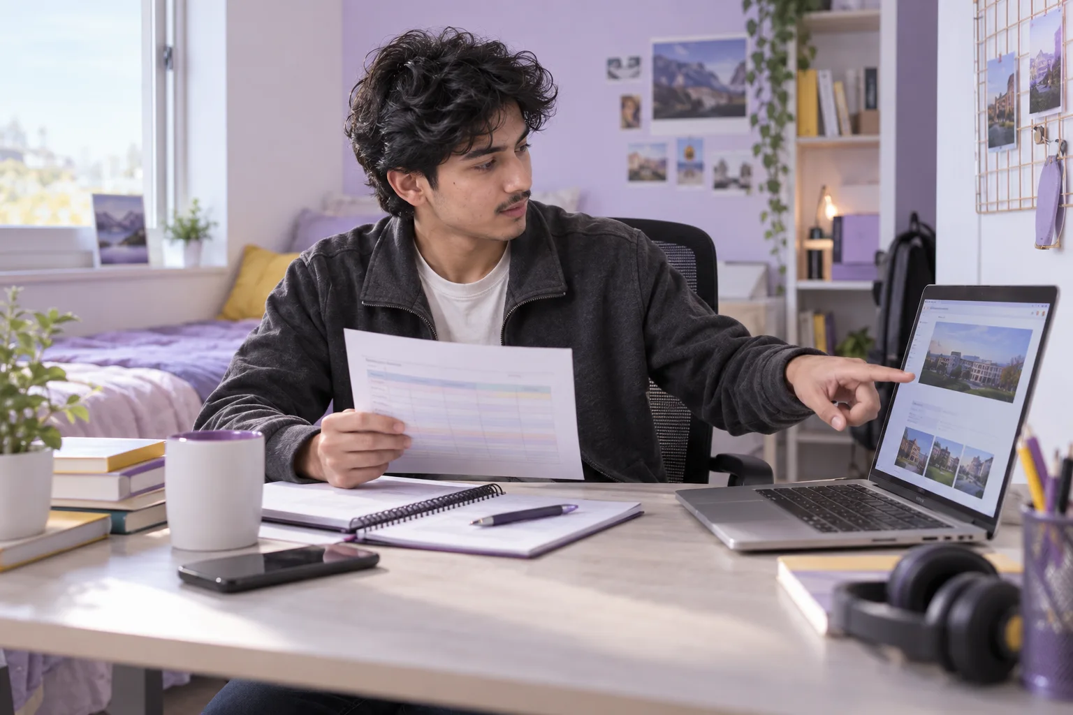 Young Nepali man with wavy hair comparing a personal study budget worksheet and university tuition information on a laptop for Canada study planning