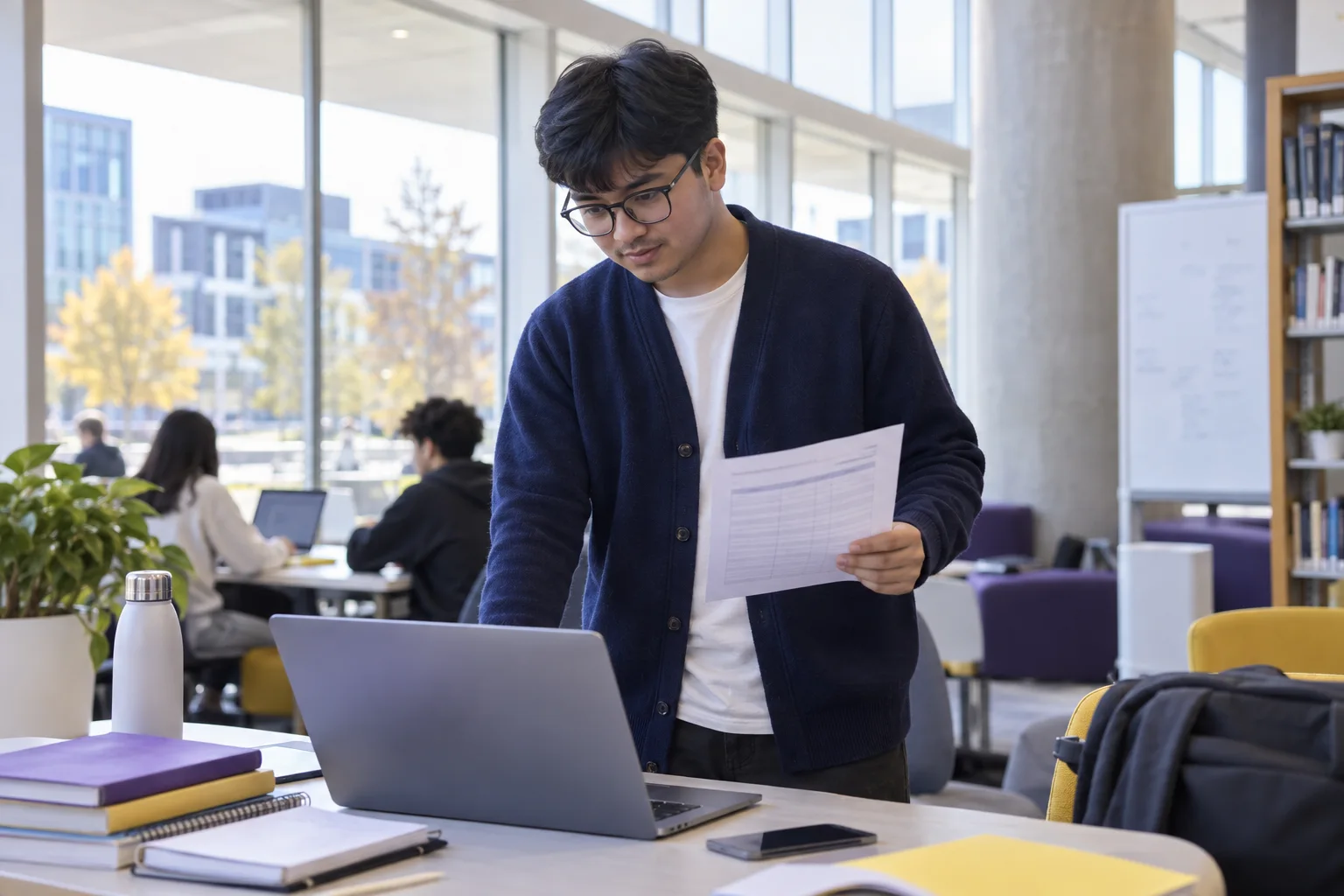 Young Nepali man with glasses comparing a personal study budget worksheet and university tuition information on a laptop for Canada study planning