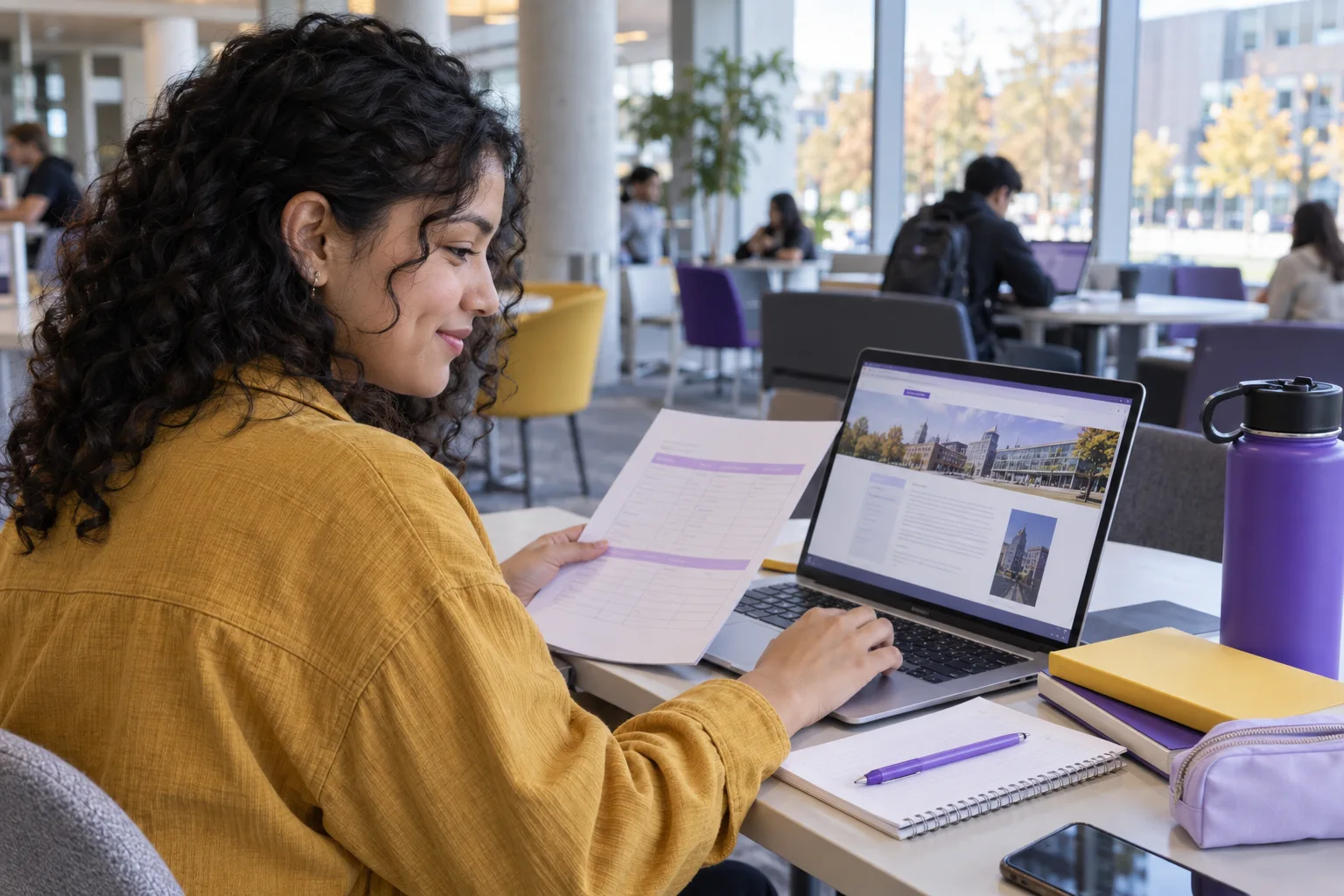 Young Nepali woman with curly hair comparing a personal study budget worksheet and university tuition information on a laptop for Canada study planning