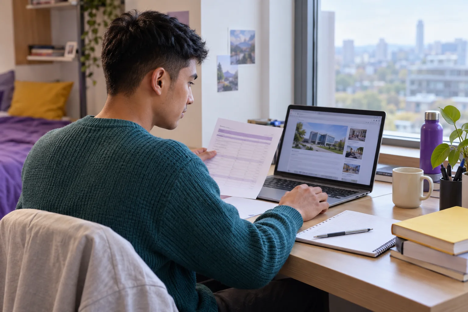 Young Nepali man with cropped hair comparing a personal study budget worksheet and university tuition information on a laptop for Canada study planning