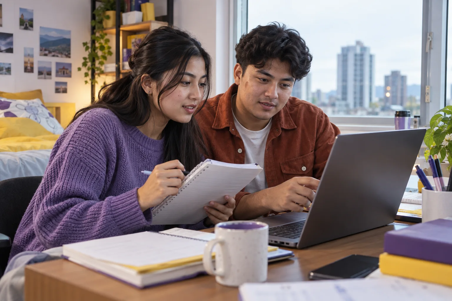 Two Nepali students, one woman and one man comparing a personal study budget worksheet and university tuition information on a laptop for Canada study planning