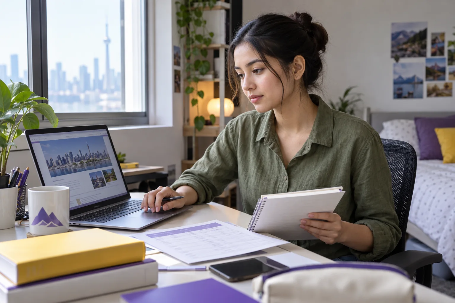 Young Nepali woman with tied-back hair comparing a personal study budget worksheet and university tuition information on a laptop for Canada study planning