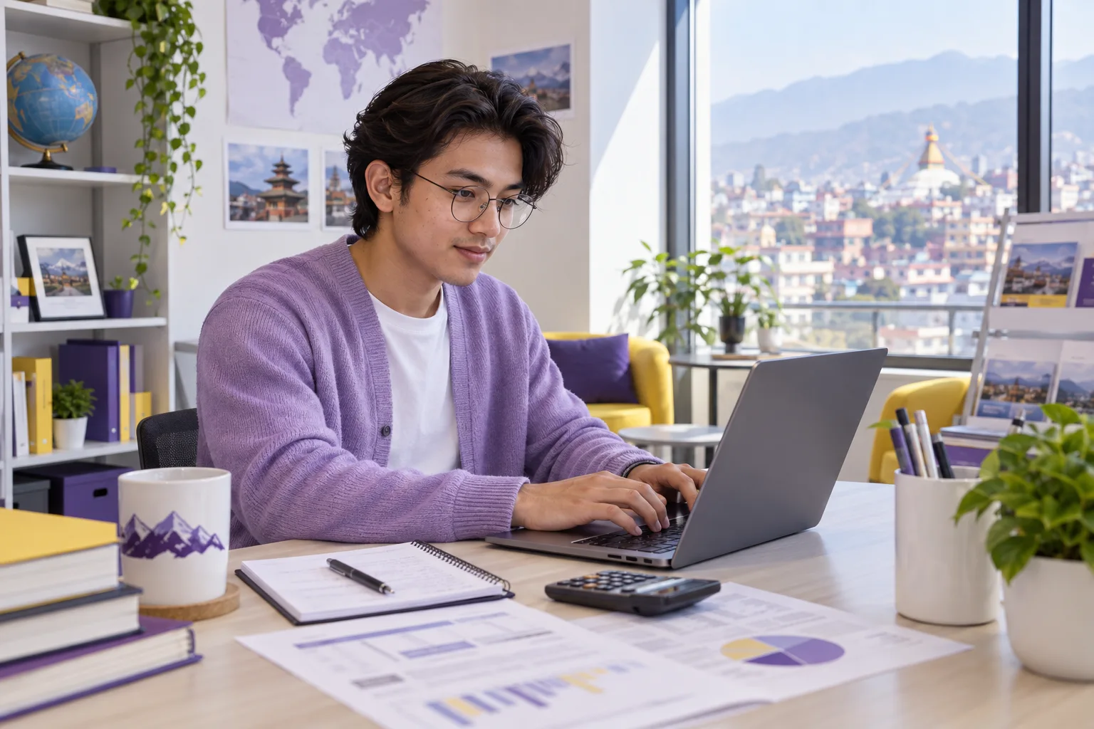 Young Nepali man with swept-back hair comparing a personal study budget worksheet and university tuition information on a laptop for Canada study planning