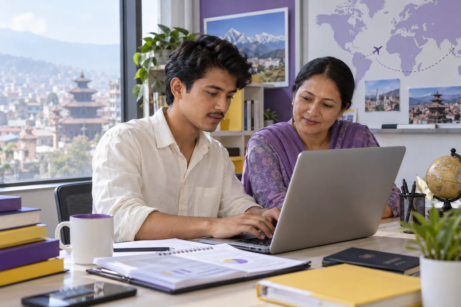 Nepali student discussing plans with a parent comparing a personal study budget worksheet and university tuition information on a laptop for Canada study planning