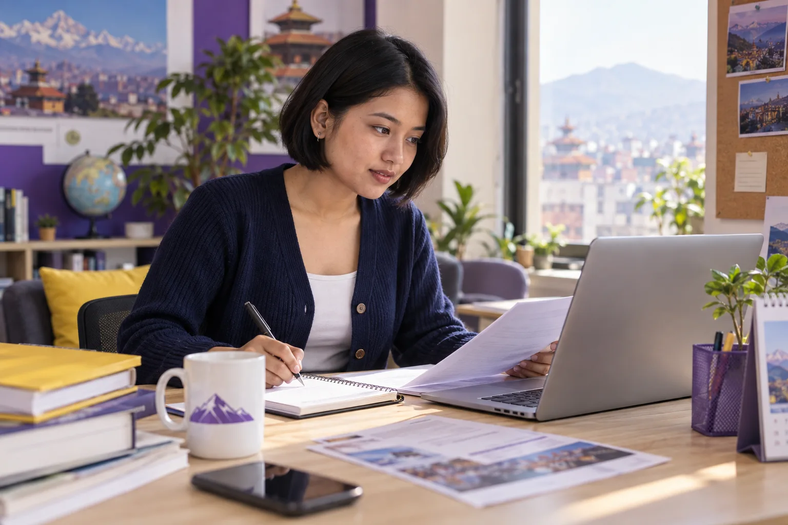 Young Nepali woman with a short bob comparing a personal study budget worksheet and university tuition information on a laptop for Canada study planning