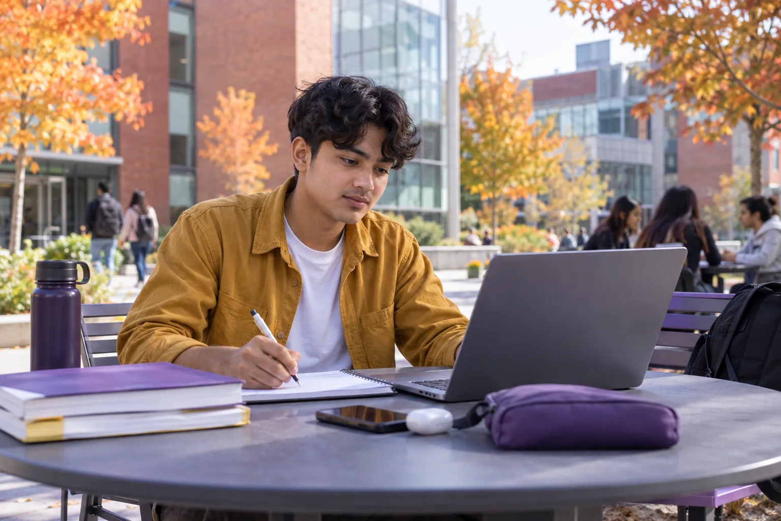 Young Nepali man with wavy hair comparing a personal study budget worksheet and university tuition information on a laptop for Canada study planning