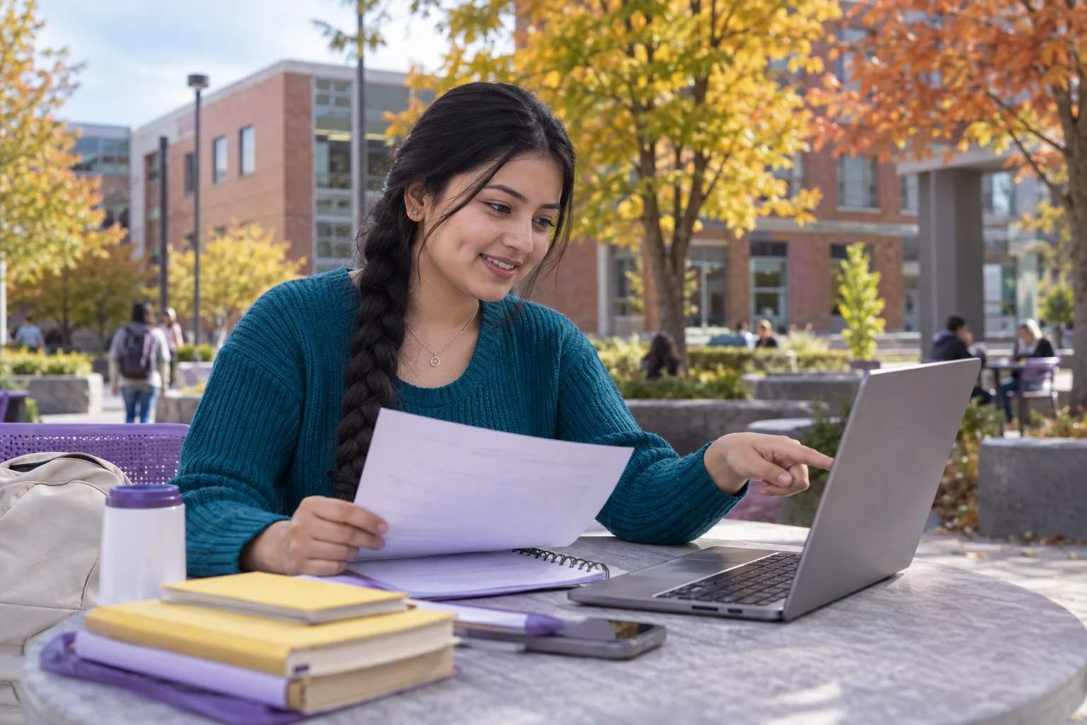 Young Nepali woman with a long braid comparing a personal study budget worksheet and university tuition information on a laptop for Canada study planning