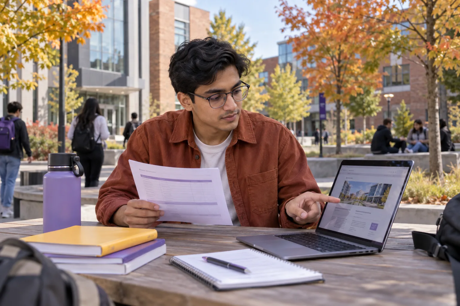 Young Nepali man with glasses comparing a personal study budget worksheet and university tuition information on a laptop for Canada study planning