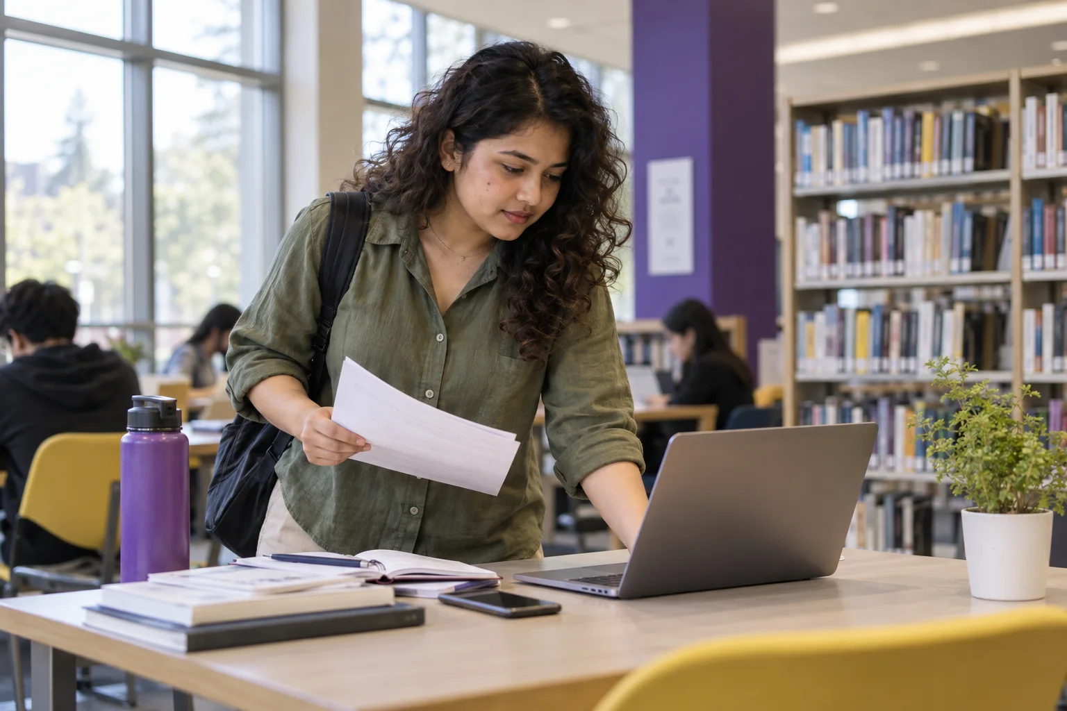 Young Nepali woman with curly hair comparing a personal study budget worksheet and university tuition information on a laptop for Canada study planning
