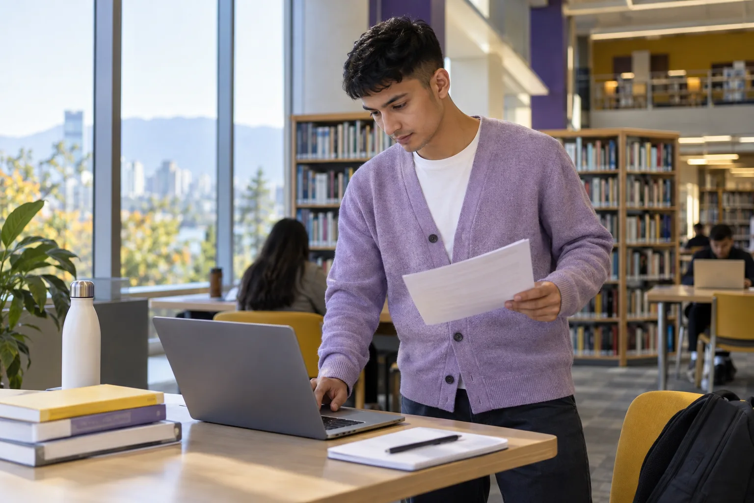 Young Nepali man with cropped hair comparing a personal study budget worksheet and university tuition information on a laptop for Canada study planning