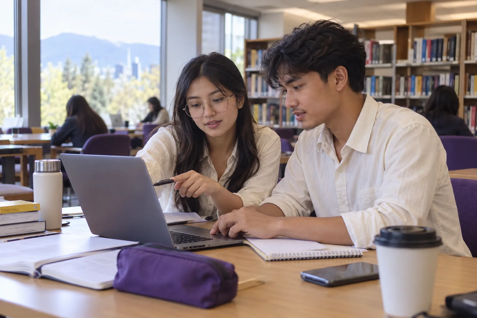Two Nepali students, one woman and one man comparing a personal study budget worksheet and university tuition information on a laptop for Canada study planning