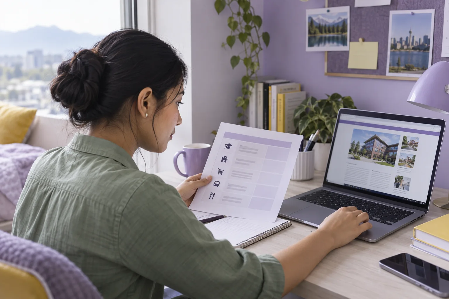 Young Nepali woman with tied-back hair comparing a personal study budget worksheet and university tuition information on a laptop for Canada study planning