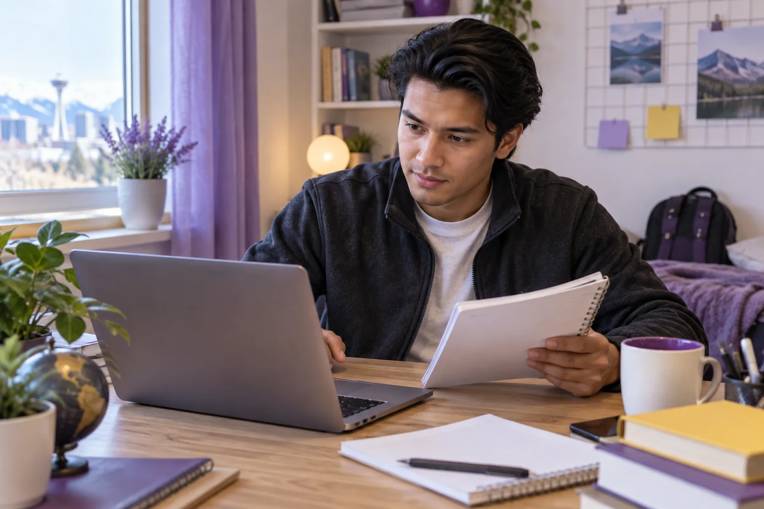 Young Nepali man with swept-back hair comparing a personal study budget worksheet and university tuition information on a laptop for Canada study planning