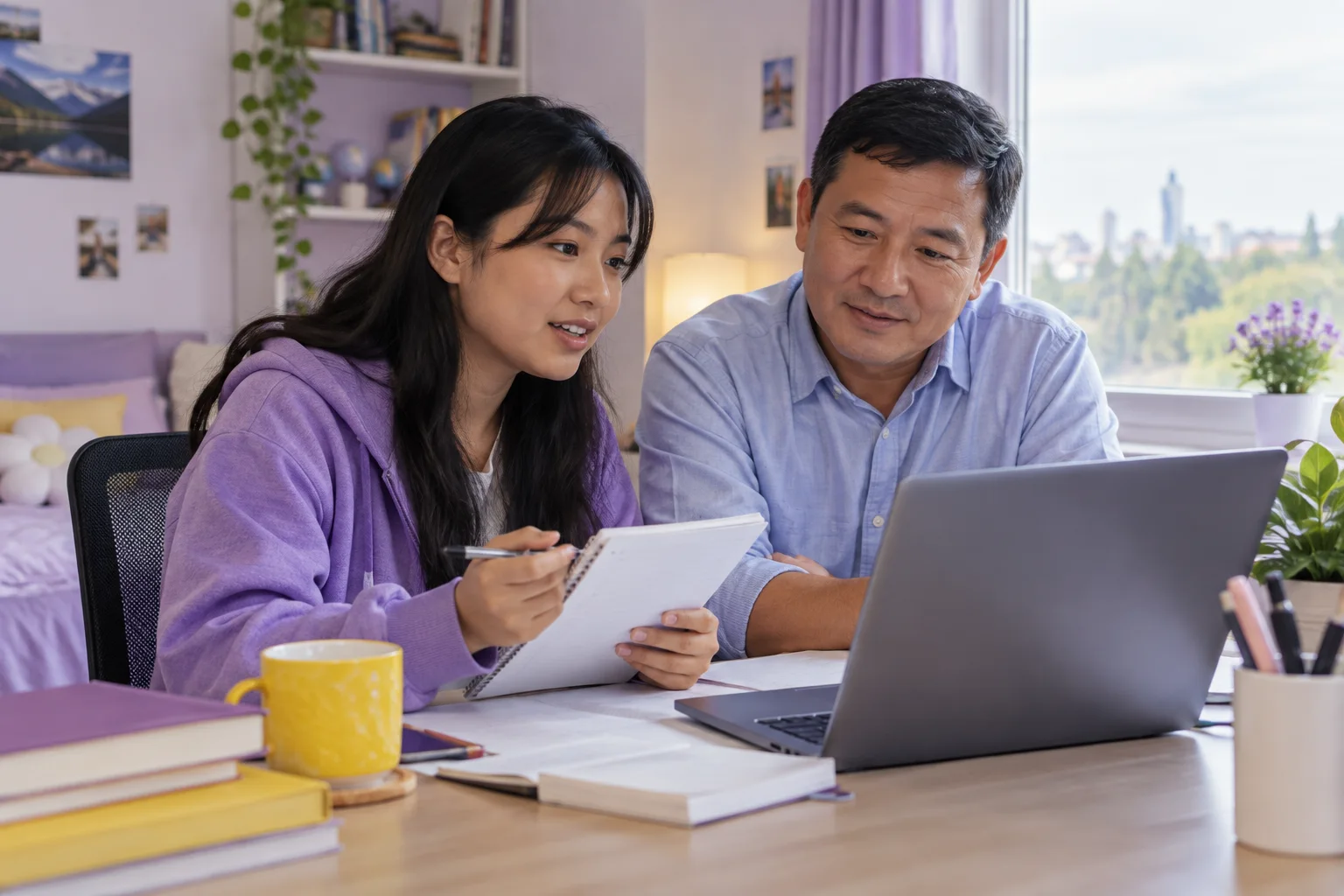 Nepali student discussing plans with a parent comparing a personal study budget worksheet and university tuition information on a laptop for Canada study planning