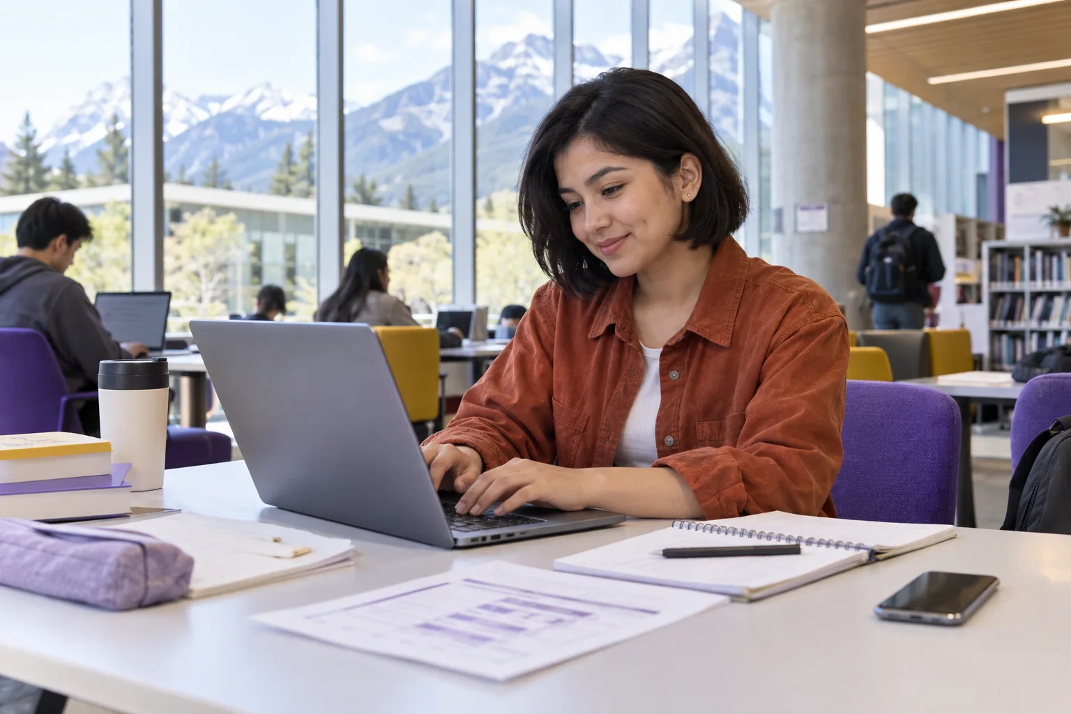 Young Nepali woman with a short bob comparing a personal study budget worksheet and university tuition information on a laptop for Canada study planning