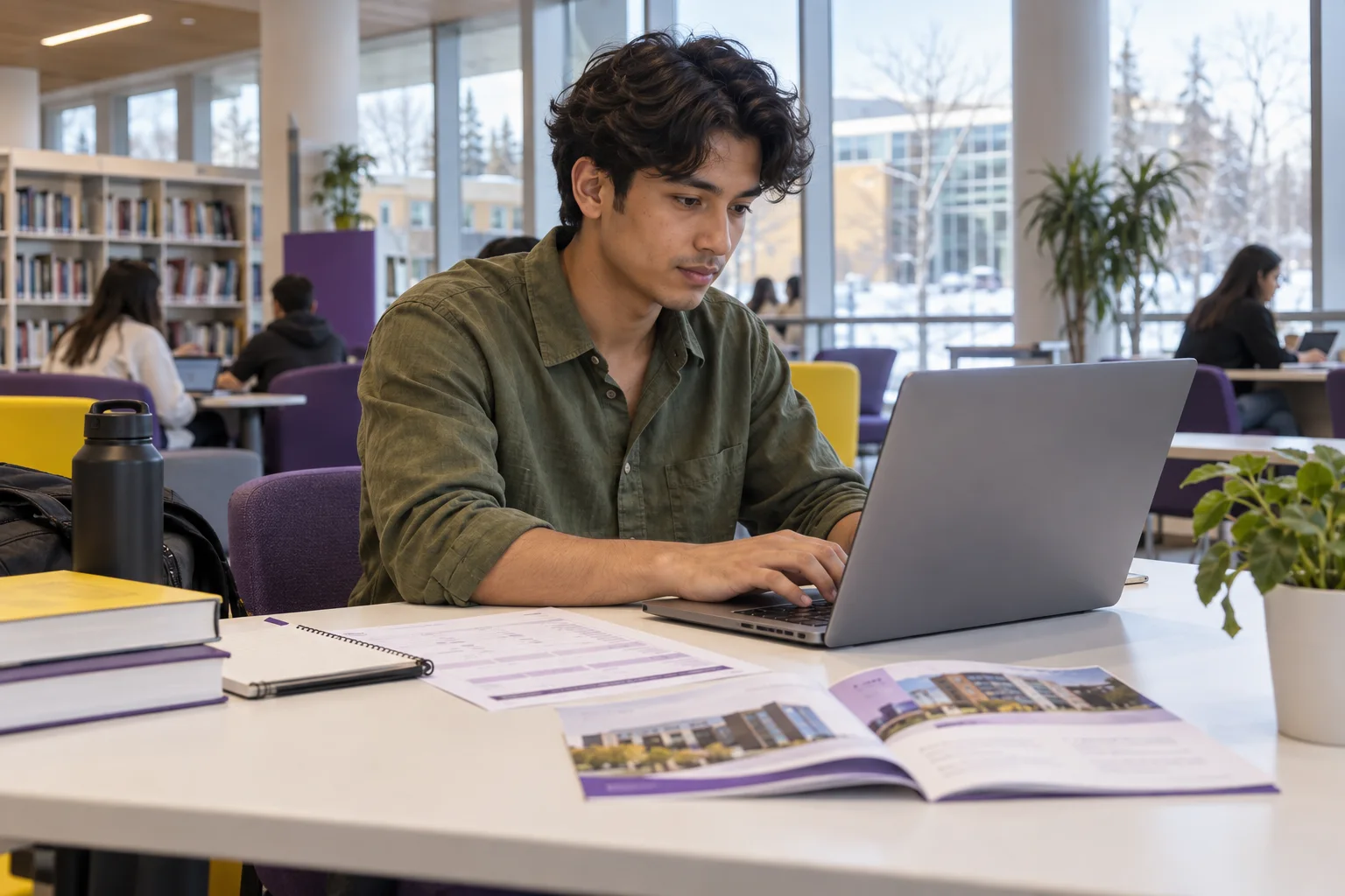 Young Nepali man with wavy hair comparing a personal study budget worksheet and university tuition information on a laptop for Canada study planning