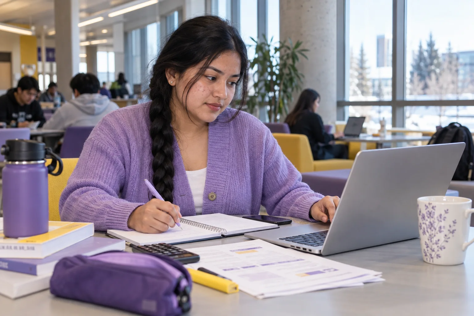 Young Nepali woman with a long braid comparing a personal study budget worksheet and university tuition information on a laptop for Canada study planning