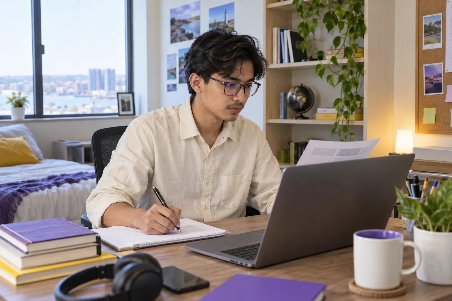 Young Nepali man with glasses comparing a personal study budget worksheet and university tuition information on a laptop for Canada study planning