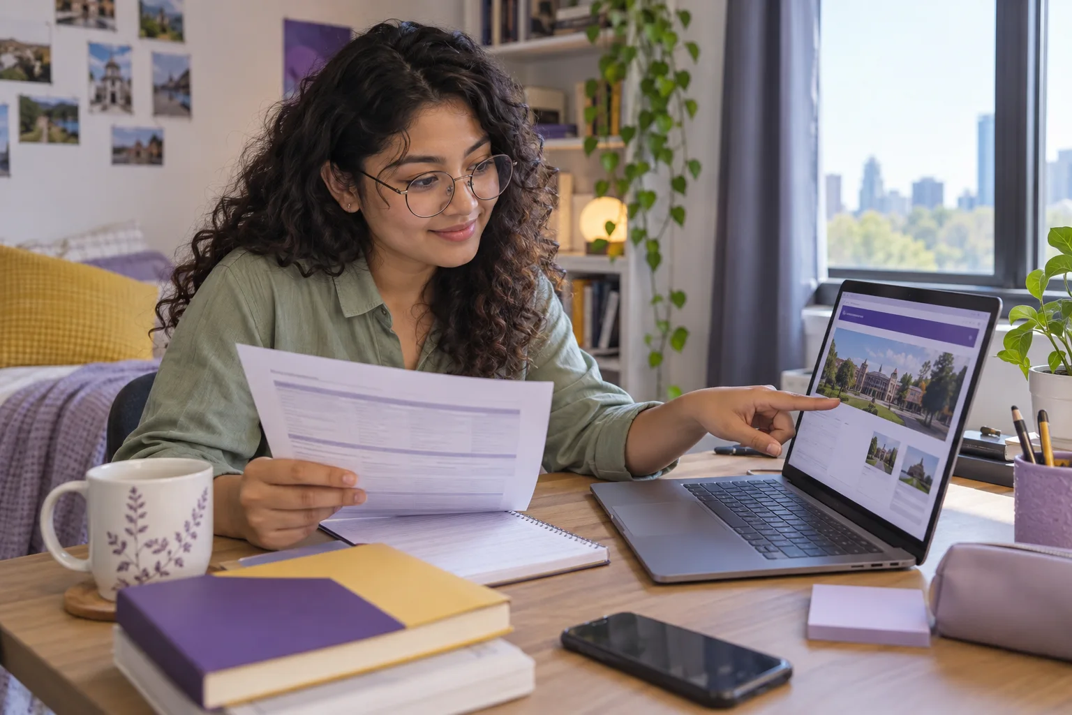 Young Nepali woman with curly hair comparing a personal study budget worksheet and university tuition information on a laptop for Canada study planning