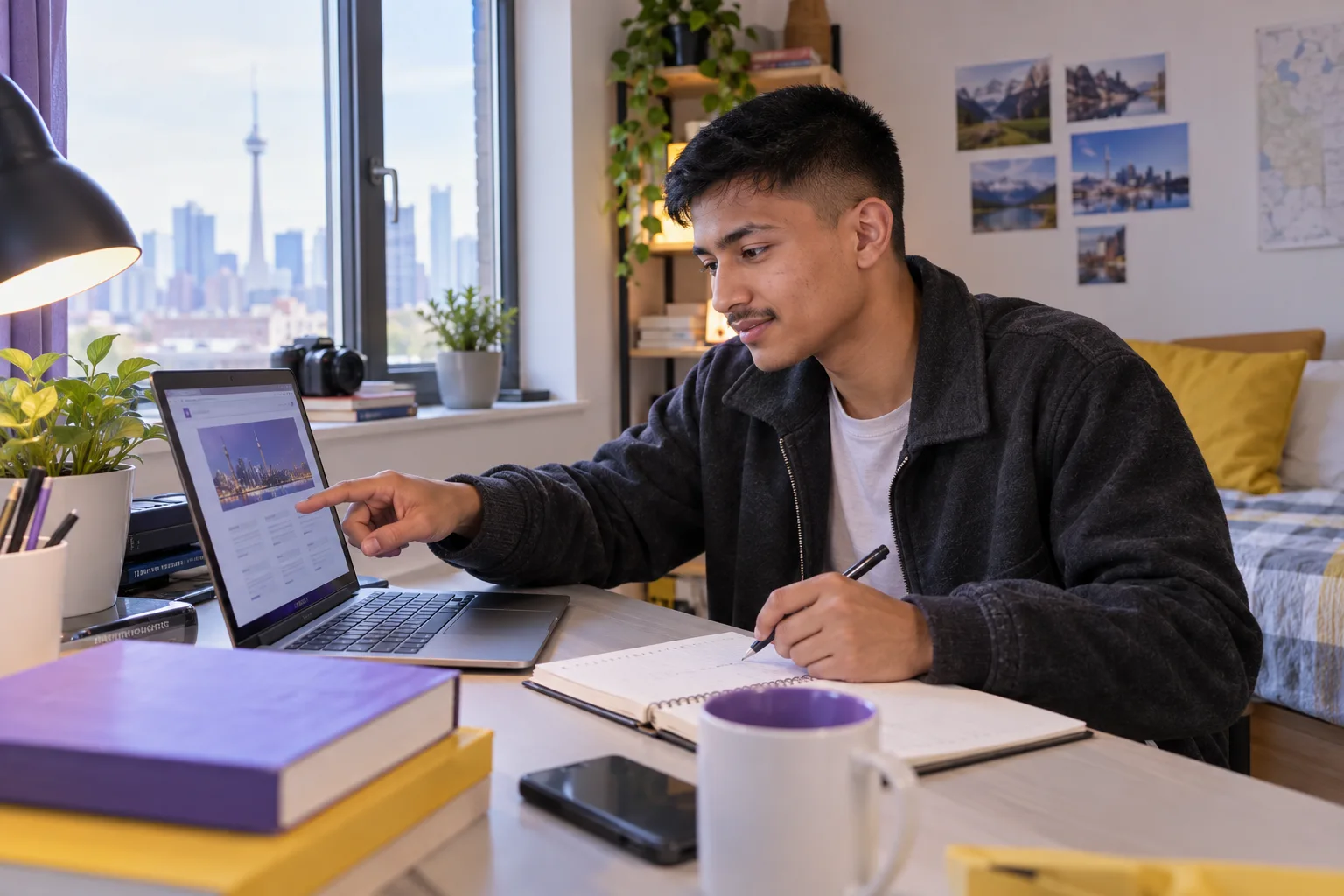 Young Nepali man with cropped hair comparing Canadian university courses and intake options using a laptop and notebook for Canada study planning